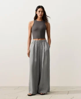 Pantaloni largi din in 100% cu dungi