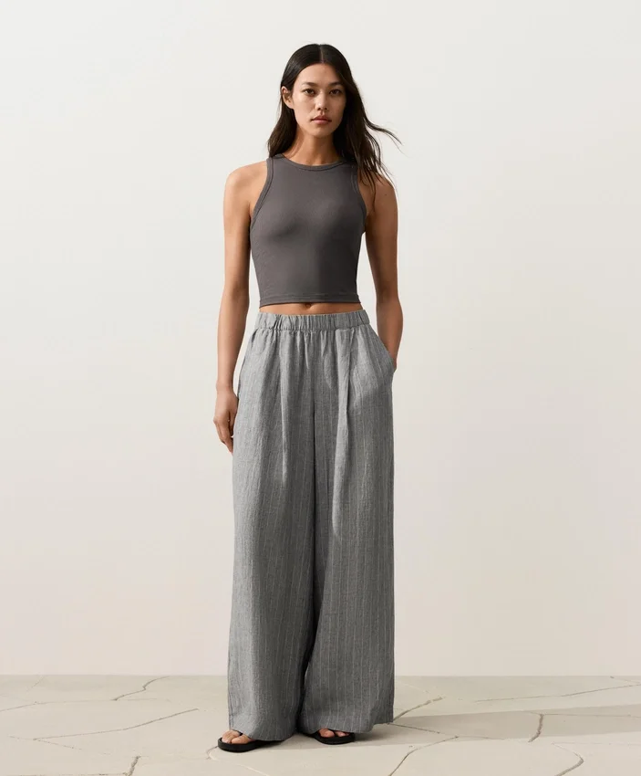 Pantaloni largi din in 100% cu dungi Pantaloni largi din in 100% cu dungi