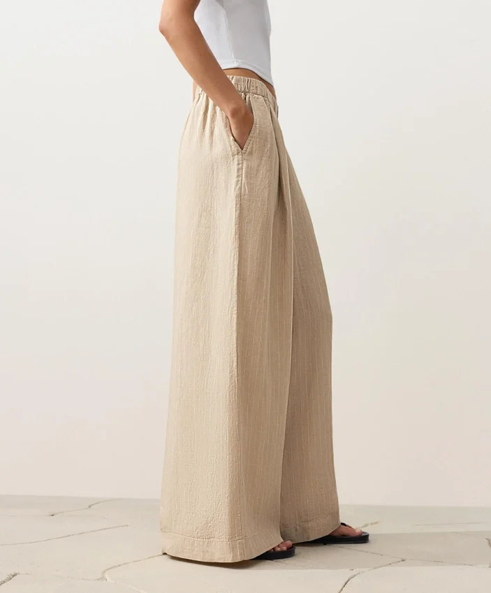 Pantaloni largi din in 100% cu dungi Pantaloni largi din in 100% cu dungi