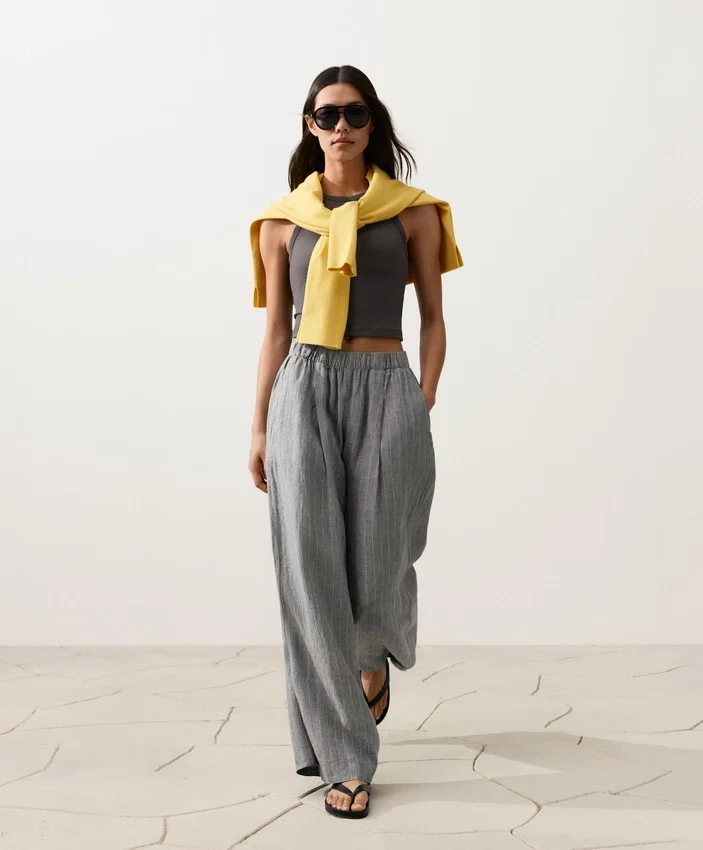 Pantaloni largi din in 100% cu dungi Pantaloni largi din in 100% cu dungi