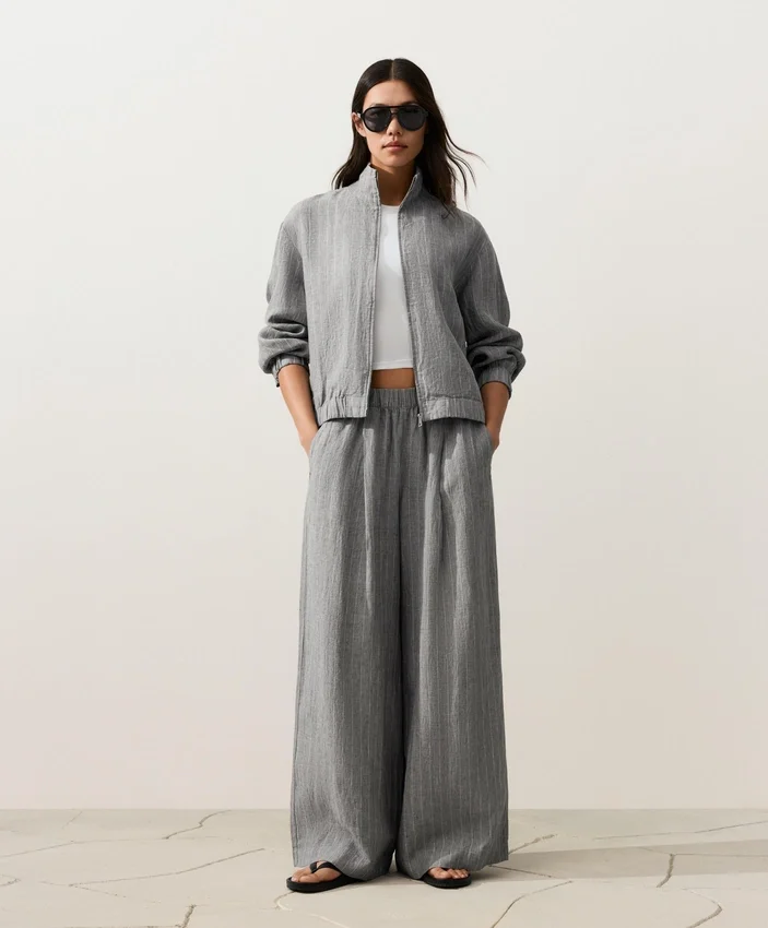 Pantaloni largi din in 100% cu dungi Pantaloni largi din in 100% cu dungi