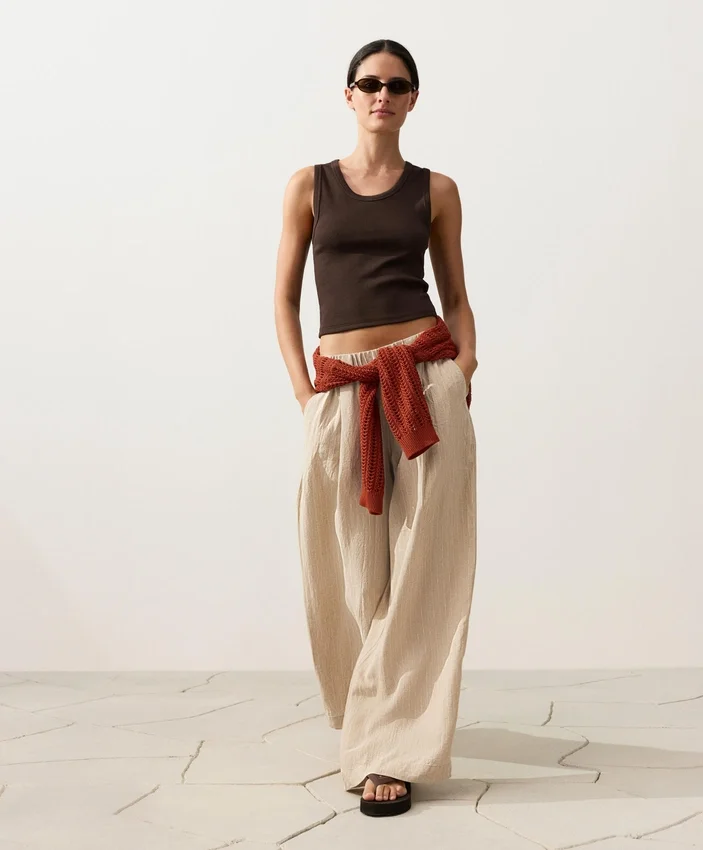 Pantaloni largi din in 100% cu dungi Pantaloni largi din in 100% cu dungi