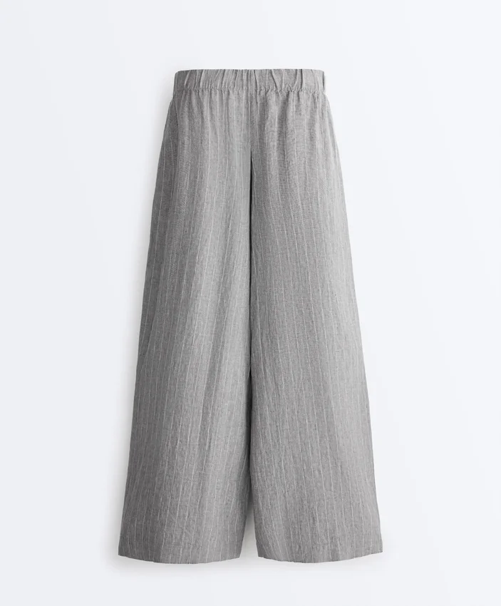 Pantaloni largi din in 100% cu dungi Pantaloni largi din in 100% cu dungi