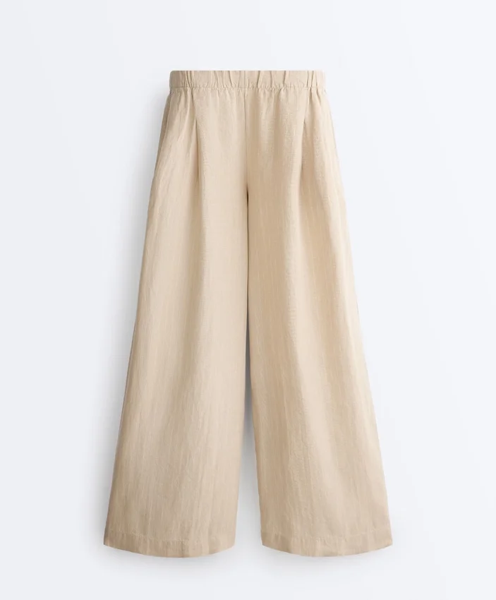 Pantaloni largi din in 100% cu dungi Pantaloni largi din in 100% cu dungi