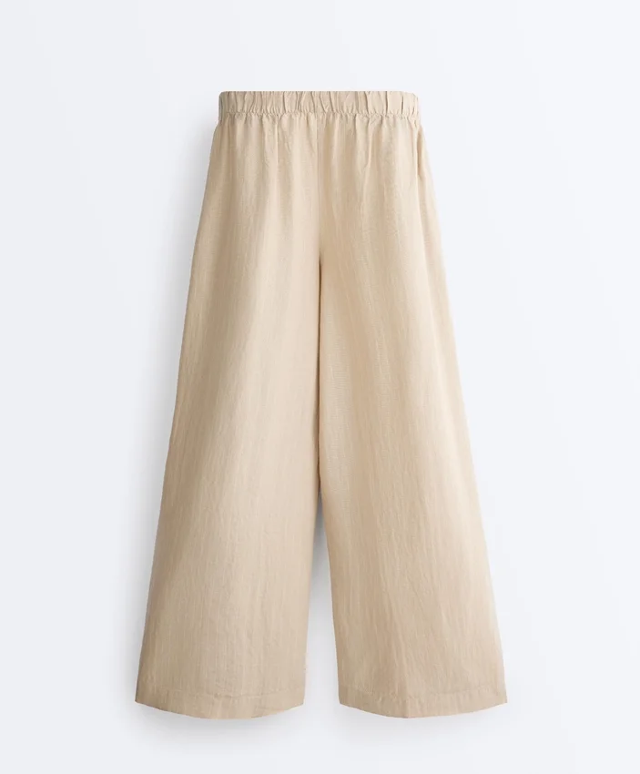 Pantaloni largi din in 100% cu dungi Pantaloni largi din in 100% cu dungi