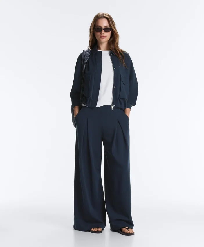 Pantaloni largi din piqué cu bumbac Pantaloni largi din piqué cu bumbac