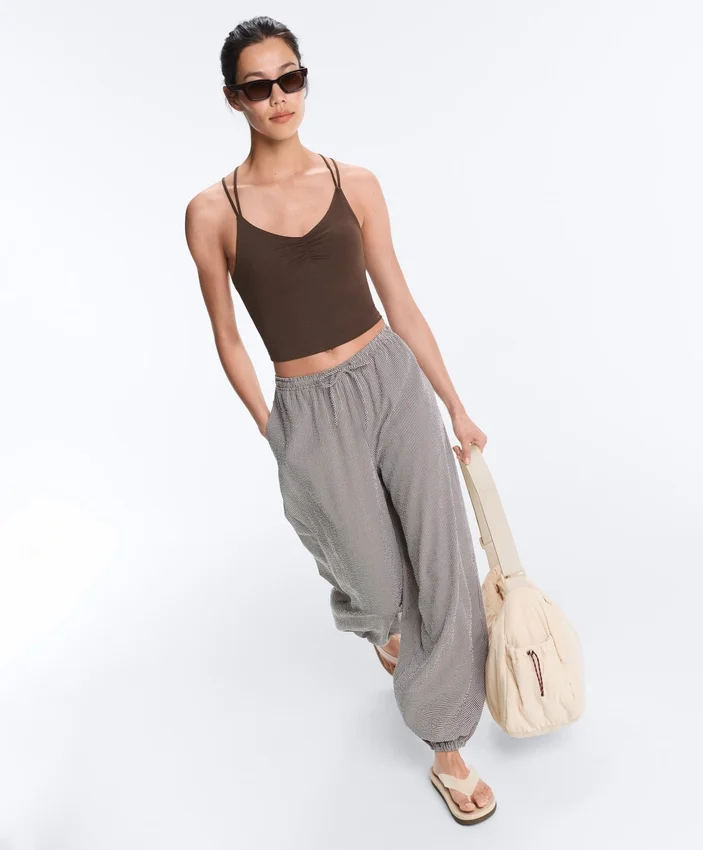 Pantaloni maxi bloomer din amestec de lyocell cu imprimeu în carouri Pantaloni maxi bloomer din amestec de lyocell cu imprimeu în carouri