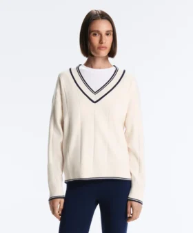 Pulover din tricot cu decolteu în V în culori contrastante Pulover din tricot cu decolteu în V în culori contrastante