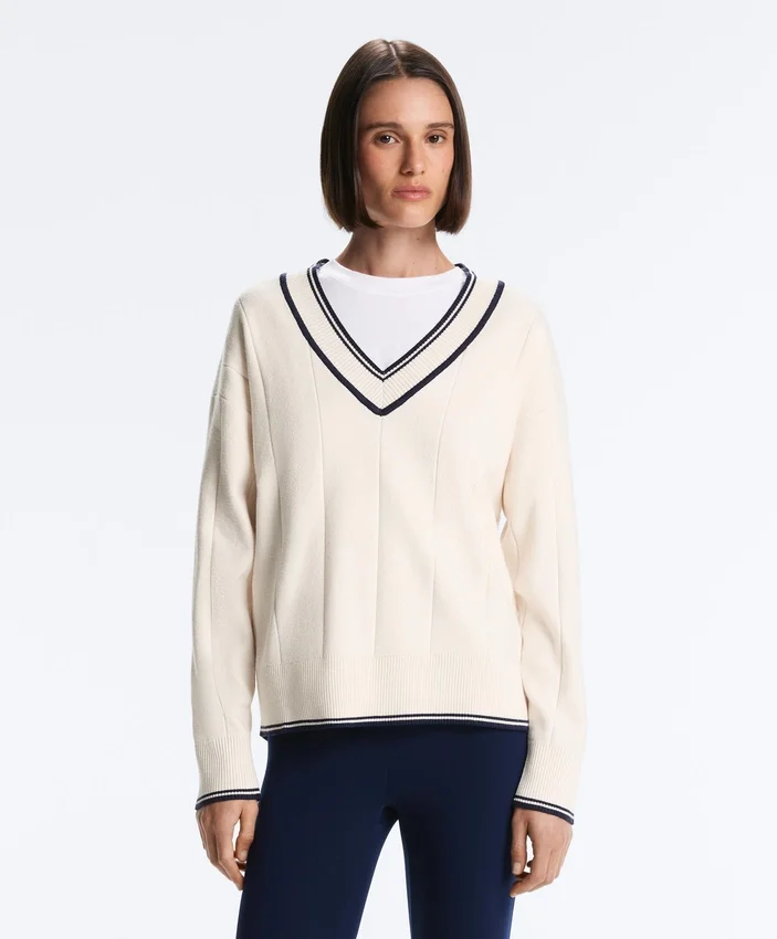 Pulover din tricot cu decolteu în V în culori contrastante Pulover din tricot cu decolteu în V în culori contrastante