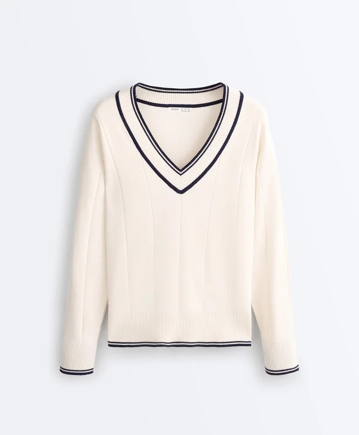 Pulover din tricot cu decolteu în V în culori contrastante Pulover din tricot cu decolteu în V în culori contrastante