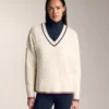 Pulover din tricot cu guler în V și mini-cabluri Pulover din tricot cu guler în V și mini-cabluri