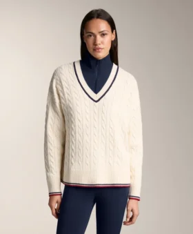 Pulover din tricot cu guler în V și mini-cabluri Pulover din tricot cu guler în V și mini-cabluri