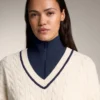 Pulover din tricot cu guler în V și mini-cabluri Pulover din tricot cu guler în V și mini-cabluri