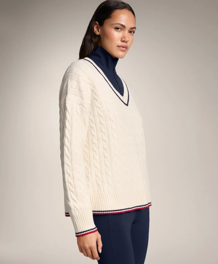 Pulover din tricot cu guler în V și mini-cabluri Pulover din tricot cu guler în V și mini-cabluri