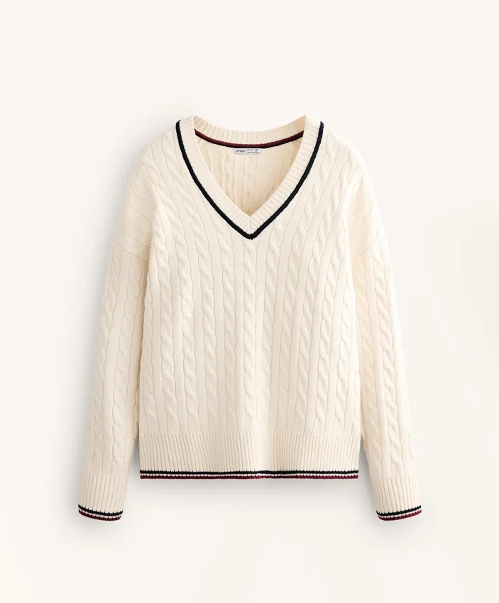 Pulover din tricot cu guler în V și mini-cabluri Pulover din tricot cu guler în V și mini-cabluri