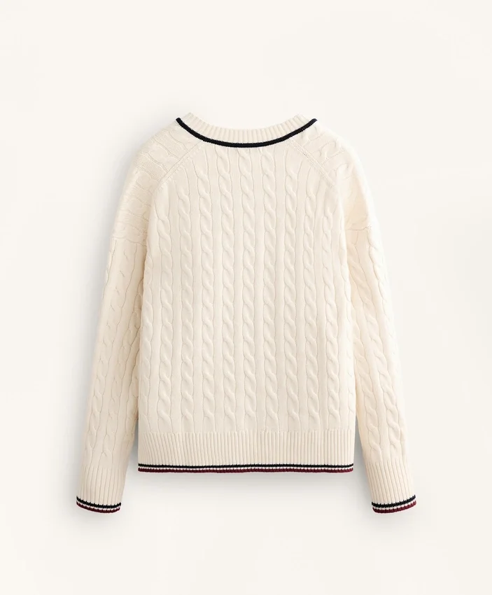 Pulover din tricot cu guler în V și mini-cabluri Pulover din tricot cu guler în V și mini-cabluri