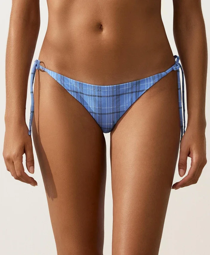 Slip de bikinis cu acoperire medie, cu imprimeu în carouri și legături Slip de bikinis cu acoperire medie, cu imprimeu în carouri și legături