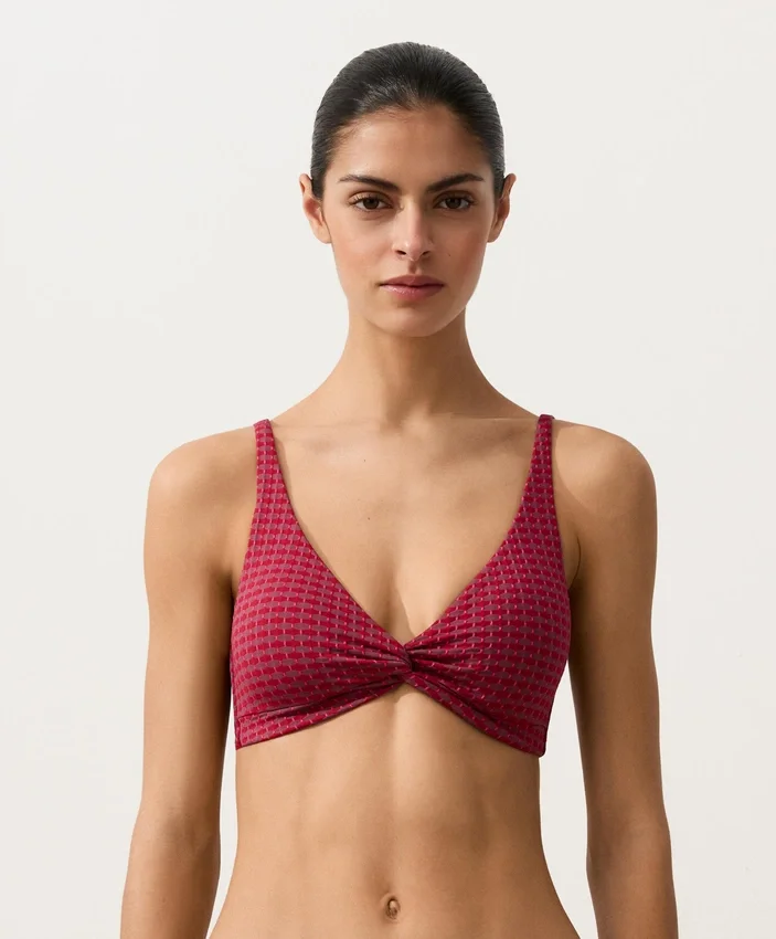 Top de bikini cu guler halter din jacquard geometric Top de bikini cu guler halter din jacquard geometric