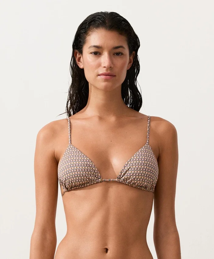 Top de bikini triunghiular cu imprimeu mini și fire metalice Top de bikini triunghiular cu imprimeu mini și fire metalice