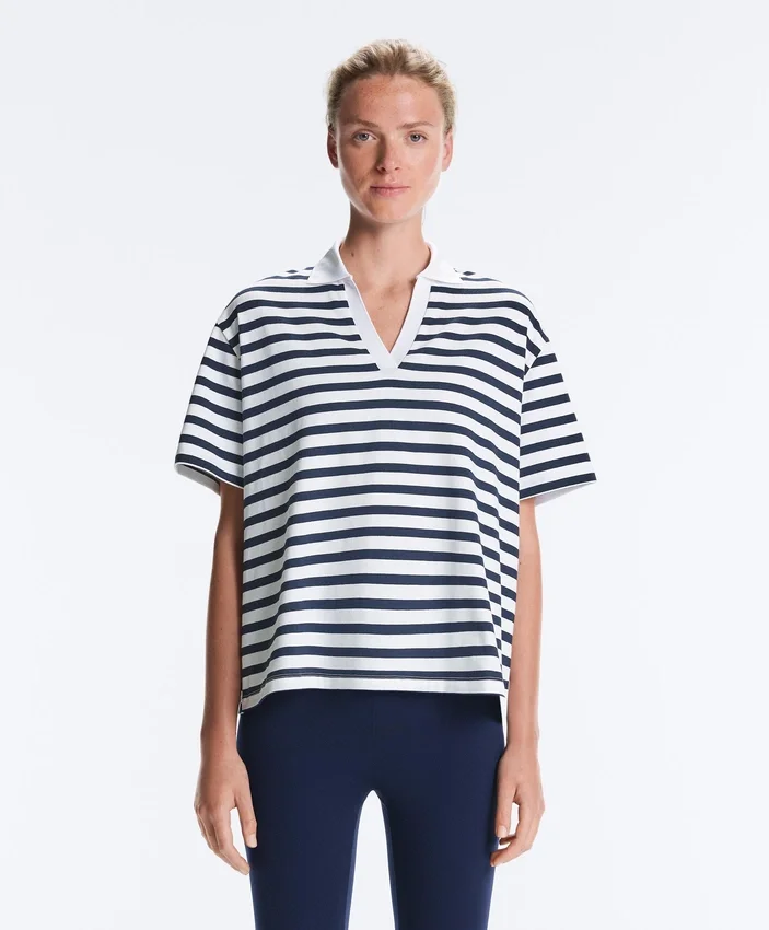 Tricou boxy cu mâneci scurte, guler polo și din amestec de bumbac Tricou boxy cu mâneci scurte, guler polo și din amestec de bumbac