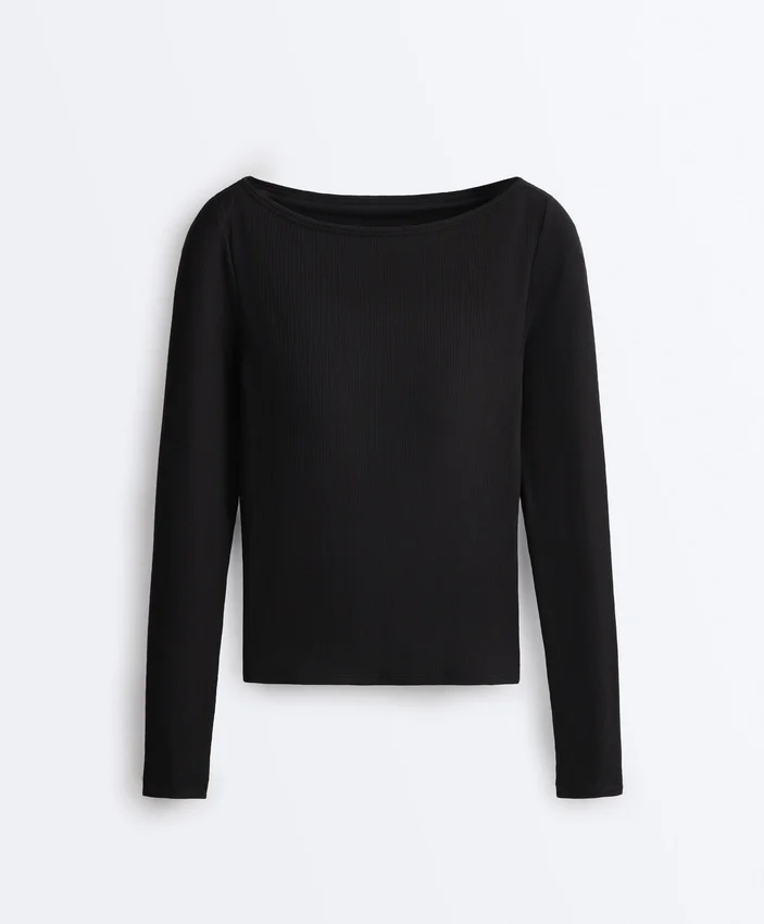 Tricou cu guler barcă din amestec de modal cu nervuri Tricou cu guler barcă din amestec de modal cu nervuri