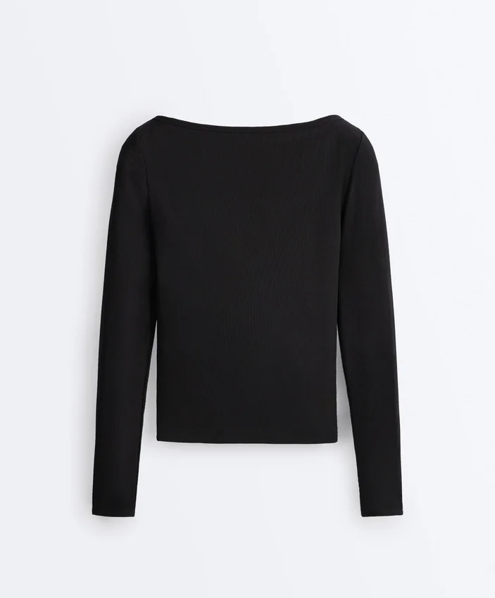 Tricou cu guler barcă din amestec de modal cu nervuri Tricou cu guler barcă din amestec de modal cu nervuri