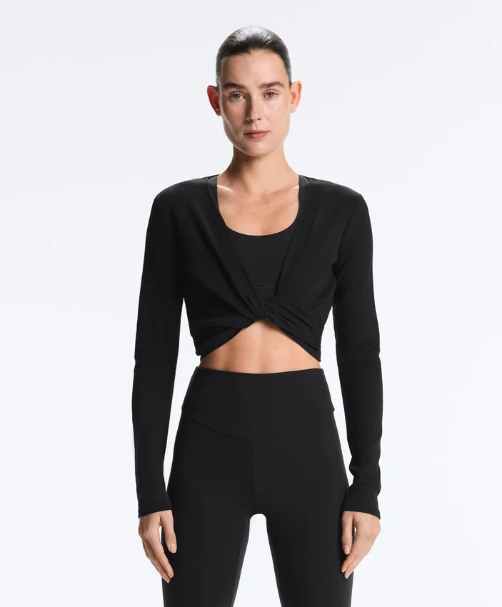 Tricou cu guler încrucișat din bumbac cu nervuri Tricou cu guler încrucișat din bumbac cu nervuri
