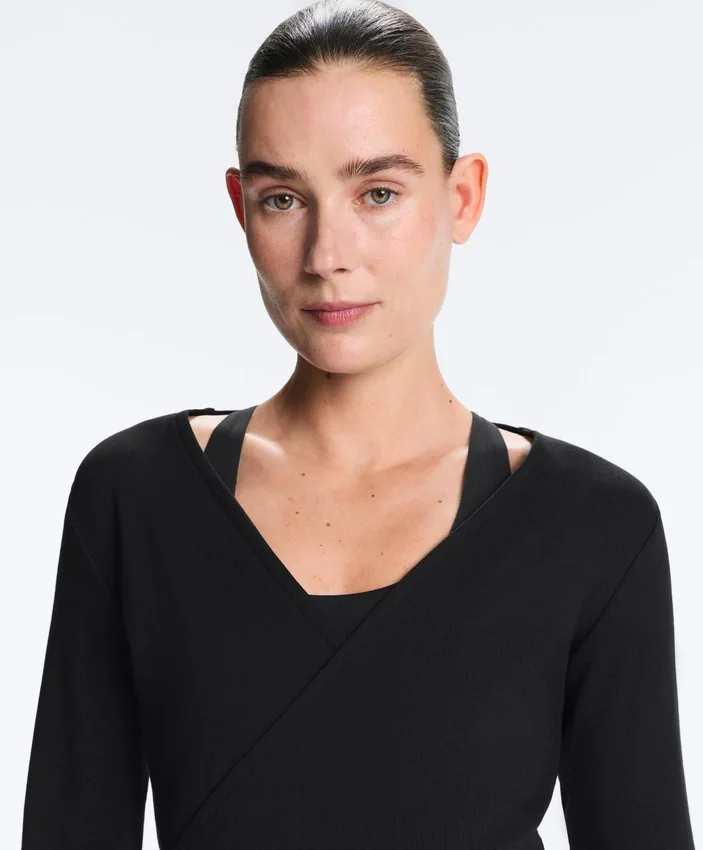 Tricou cu guler încrucișat din bumbac cu nervuri Tricou cu guler încrucișat din bumbac cu nervuri