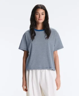 Tricou drept, cu mâneci scurte, din amestec de bumbac, cu dungi
