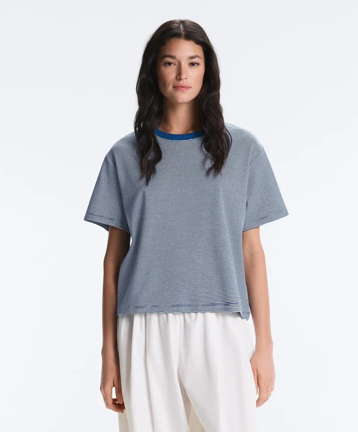 Tricou drept, cu mâneci scurte, din amestec de bumbac, cu dungi Tricou drept, cu mâneci scurte, din amestec de bumbac, cu dungi