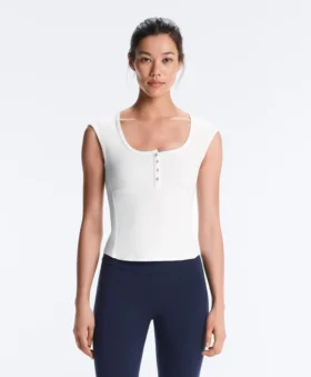 Tricou fără mâneci cu nervuri, cu nasturi din bumbac și modal