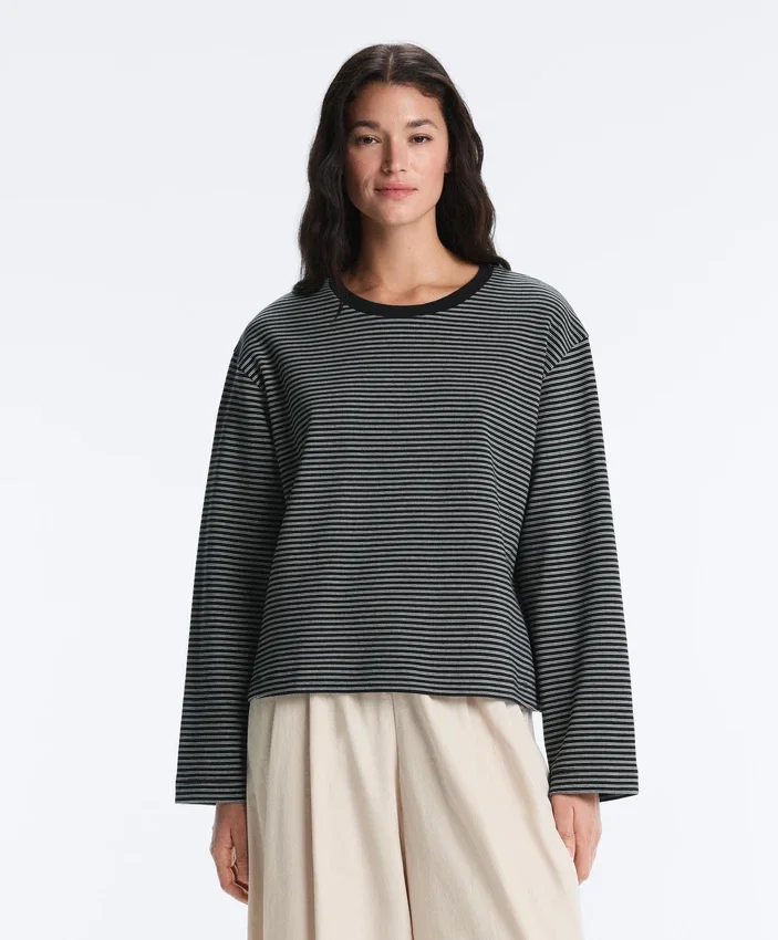 Tricou lejer cu mâneci lungi din amestec de bumbac, cu dungi Tricou lejer cu mâneci lungi din amestec de bumbac, cu dungi