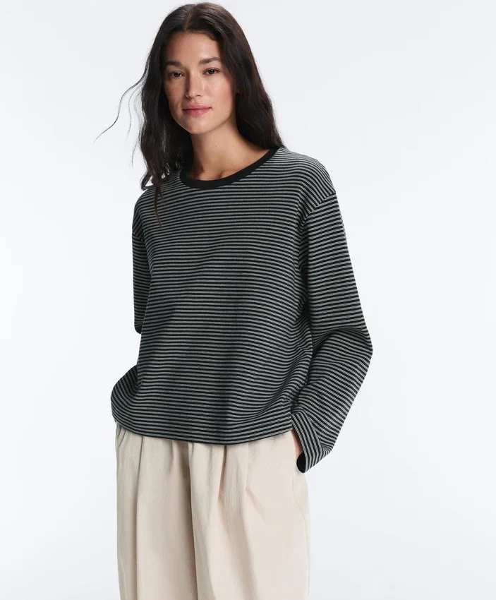 Tricou lejer cu mâneci lungi din amestec de bumbac, cu dungi Tricou lejer cu mâneci lungi din amestec de bumbac, cu dungi