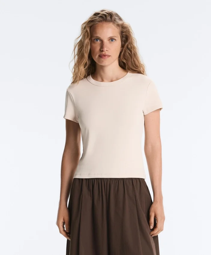 Tricou mulat cu mâneci scurte din material cu nervuri din modal pentru pantaloni scurți Tricou mulat cu mâneci scurte din material cu nervuri din modal pentru pantaloni scurți