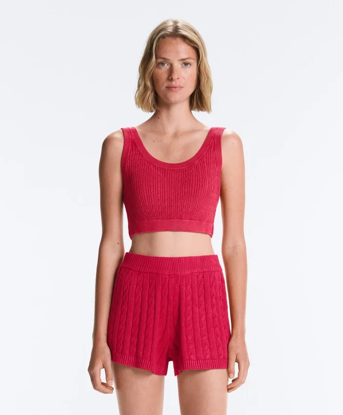 Tricou scurt din tricot spălat, cu bretele împletite Tricou scurt din tricot spălat, cu bretele împletite