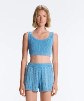 Tricou scurt din tricot spălat, cu bretele împletite