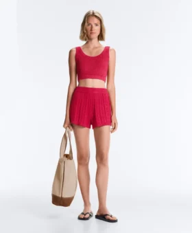 Tricou scurt din tricot spălat, cu bretele împletite