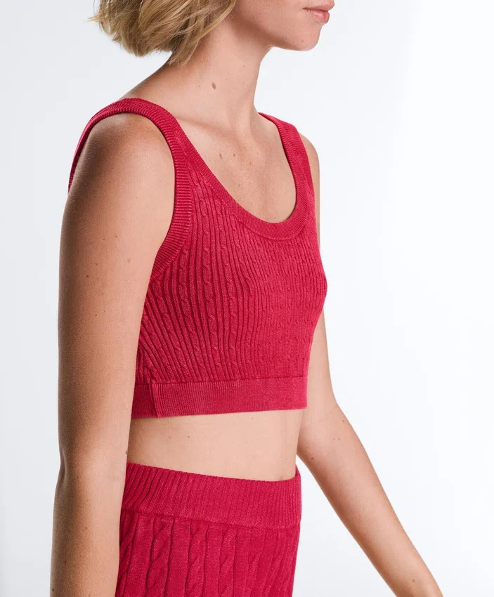 Tricou scurt din tricot spălat, cu bretele împletite Tricou scurt din tricot spălat, cu bretele împletite