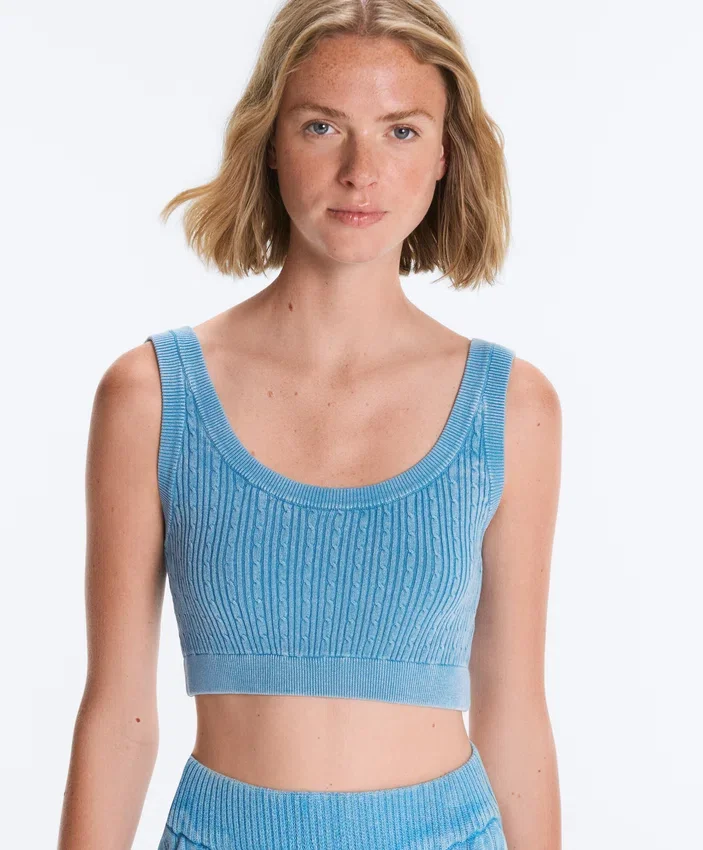 Tricou scurt din tricot spălat, cu bretele împletite Tricou scurt din tricot spălat, cu bretele împletite