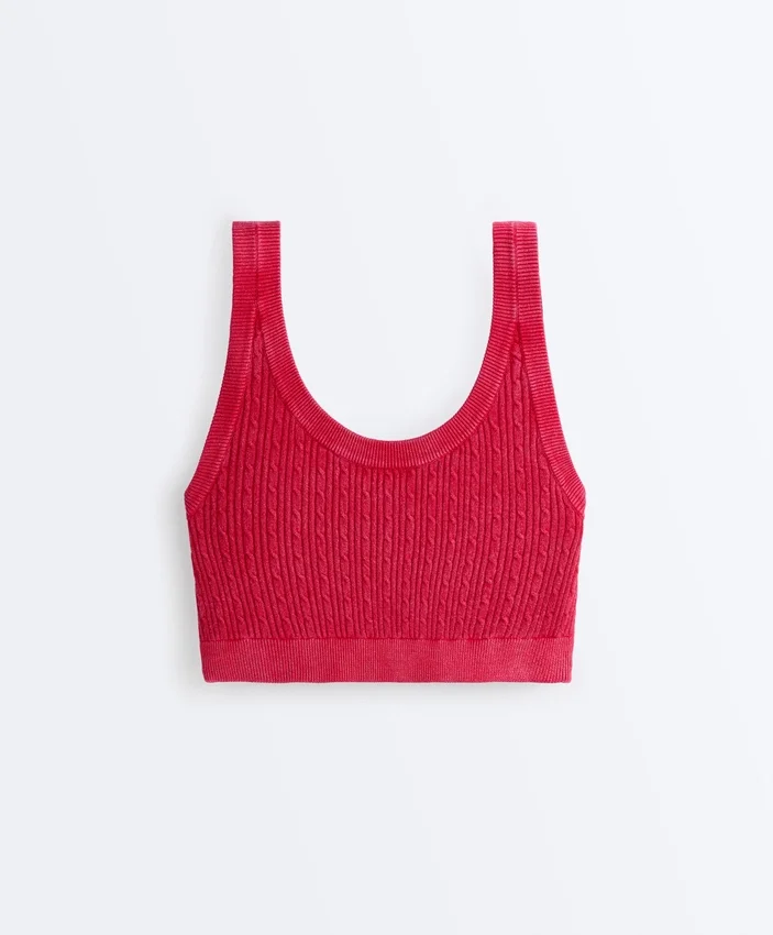 Tricou scurt din tricot spălat, cu bretele împletite Tricou scurt din tricot spălat, cu bretele împletite