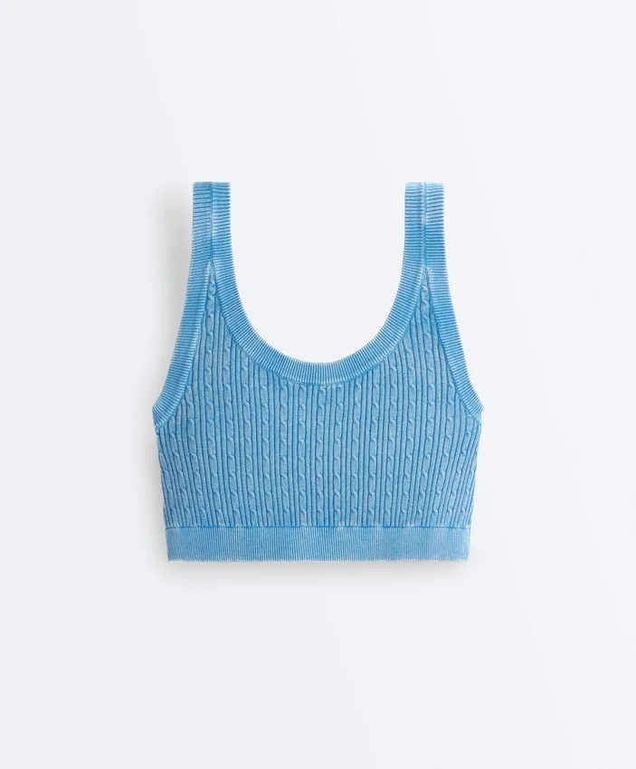 Tricou scurt din tricot spălat, cu bretele împletite Tricou scurt din tricot spălat, cu bretele împletite