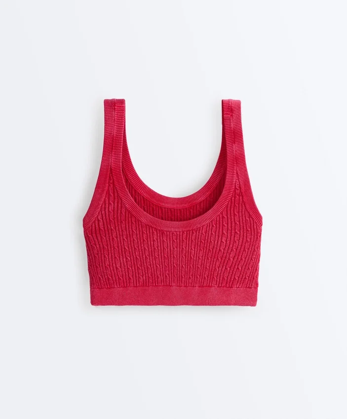 Tricou scurt din tricot spălat, cu bretele împletite Tricou scurt din tricot spălat, cu bretele împletite