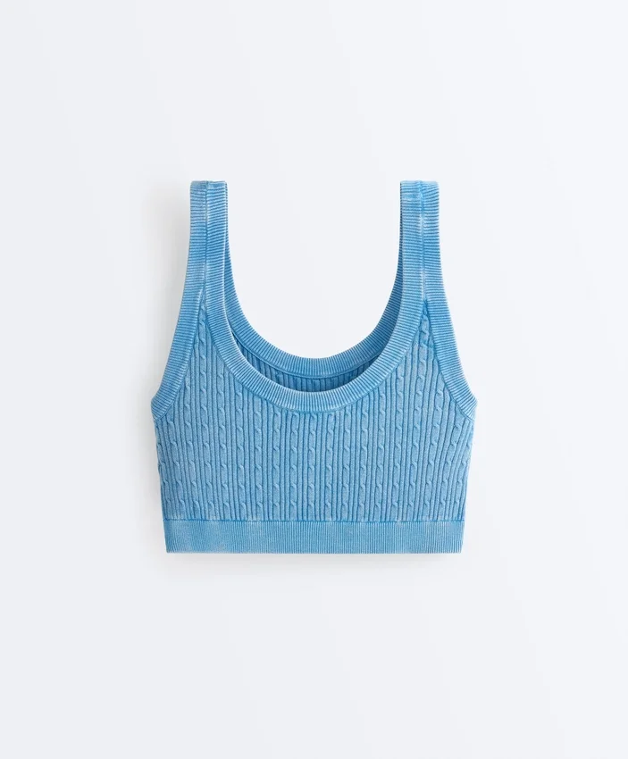 Tricou scurt din tricot spălat, cu bretele împletite Tricou scurt din tricot spălat, cu bretele împletite
