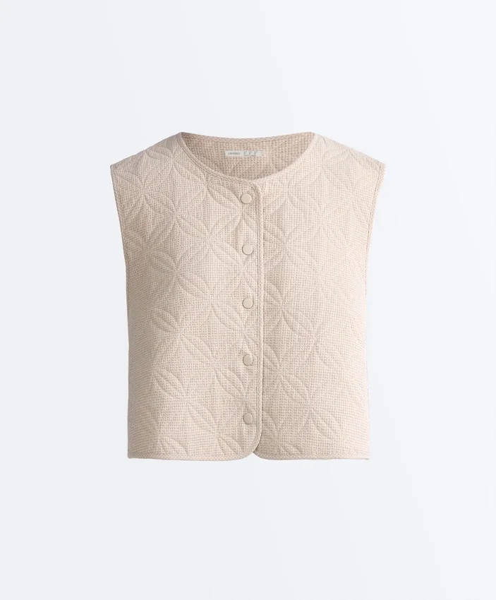 Veste matlasată cu imprimeu floral în carouri Veste matlasată cu imprimeu floral în carouri